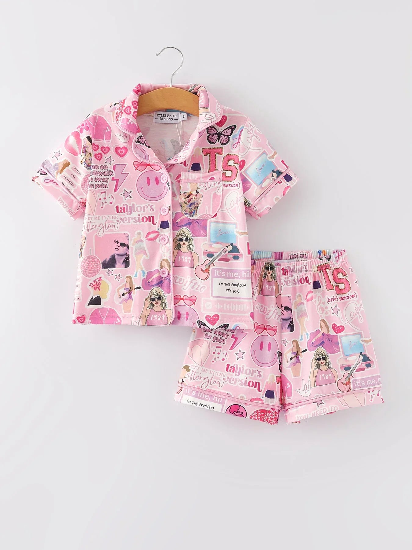 Pink TS Lapel Button Short Sleeve Shorts Pajama Set - BIG FRENCHIES