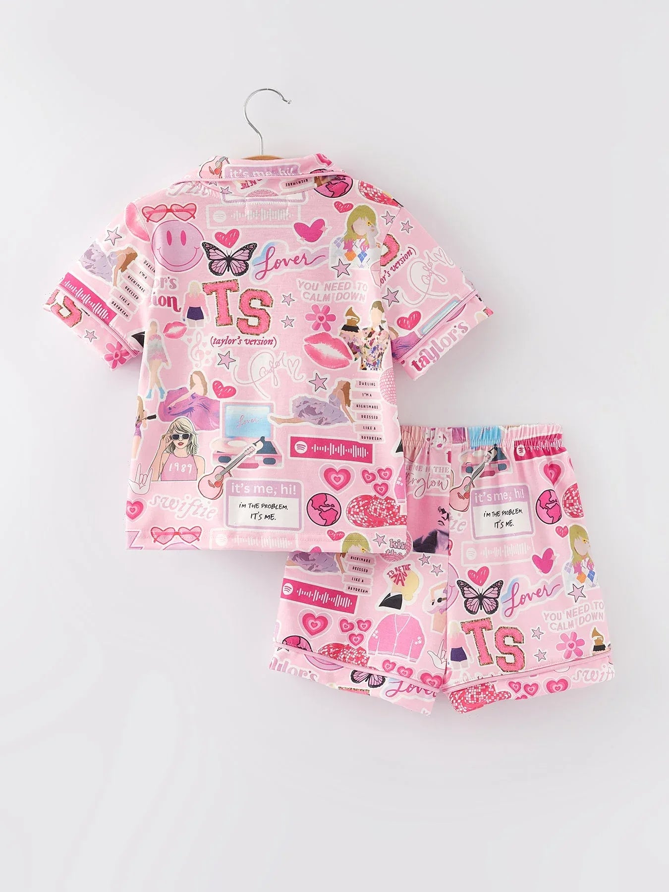 Pink TS Lapel Button Short Sleeve Shorts Pajama Set - BIG FRENCHIES