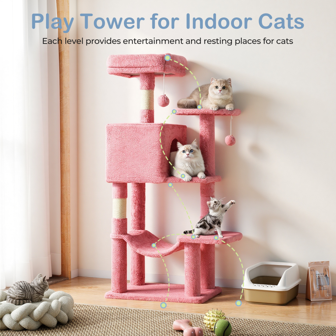 44 Inch Cat Tree Tower, Multi-Cat Climbing Tower With, Natural Sisal Scratching Posts, Extended Platform, Hammock
