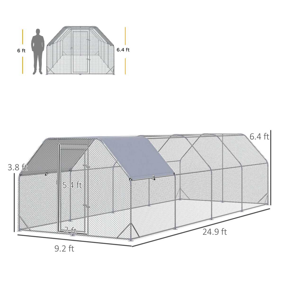 Large Chicken Coop Metal Chicken Run with Waterproof and Anti-UV Cover, Flat Shaped Walk in Fence Cage Hen House for Out