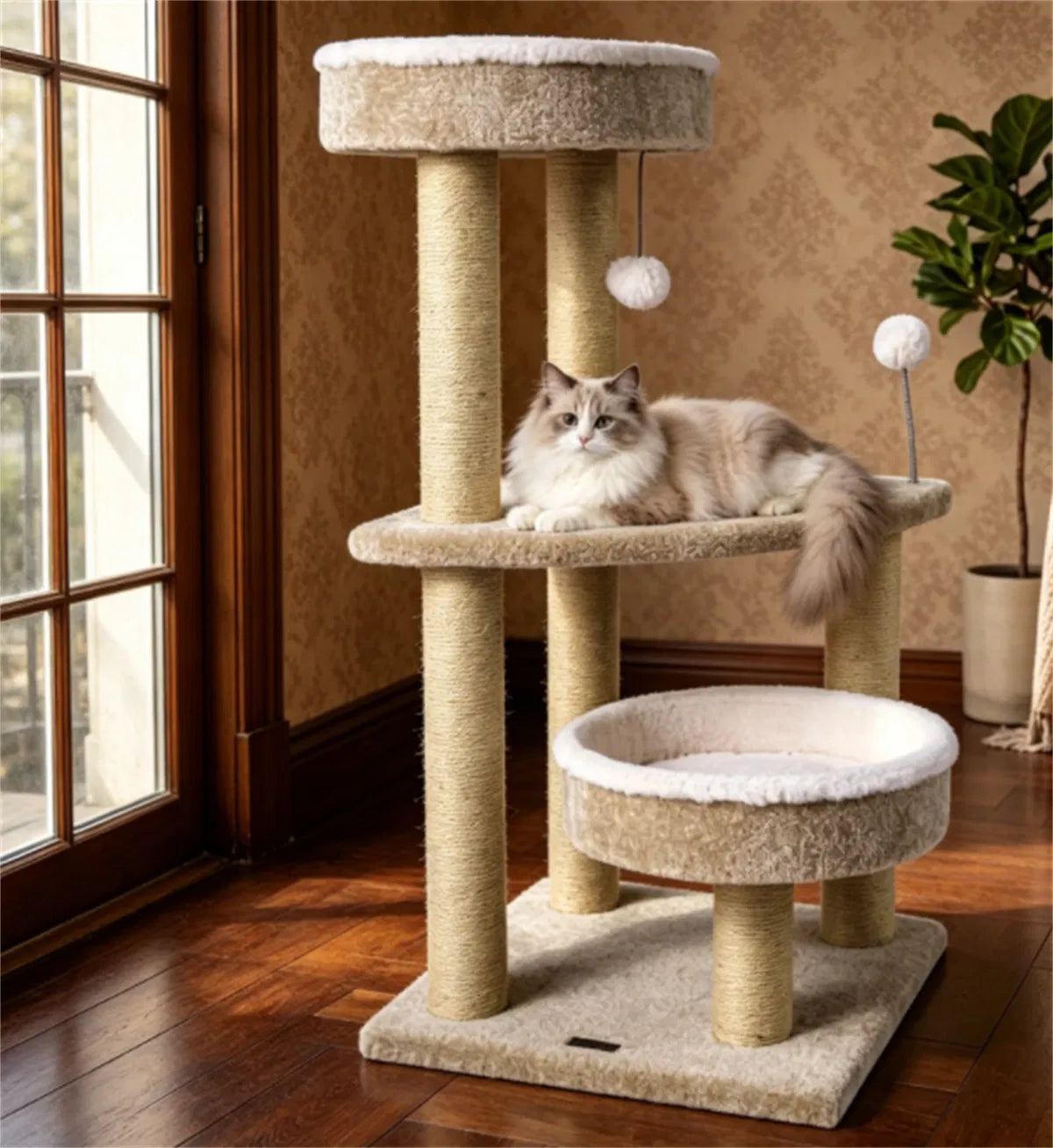 36" Compact SpaceSaving Cat Activity Center, HeavyDuty Stable Cat Climbing Furniture with Plush Rest Areas & Pompom Toy 