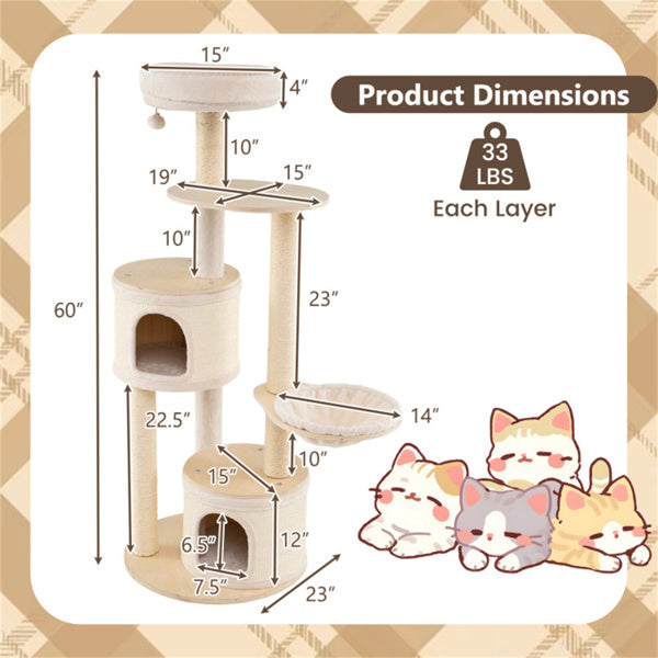 60 Inch Tall Wooden Cat Tree Multi-Level Cat Tower With Sisal Scratching Posts & Condos For Indoor Cats, Natural