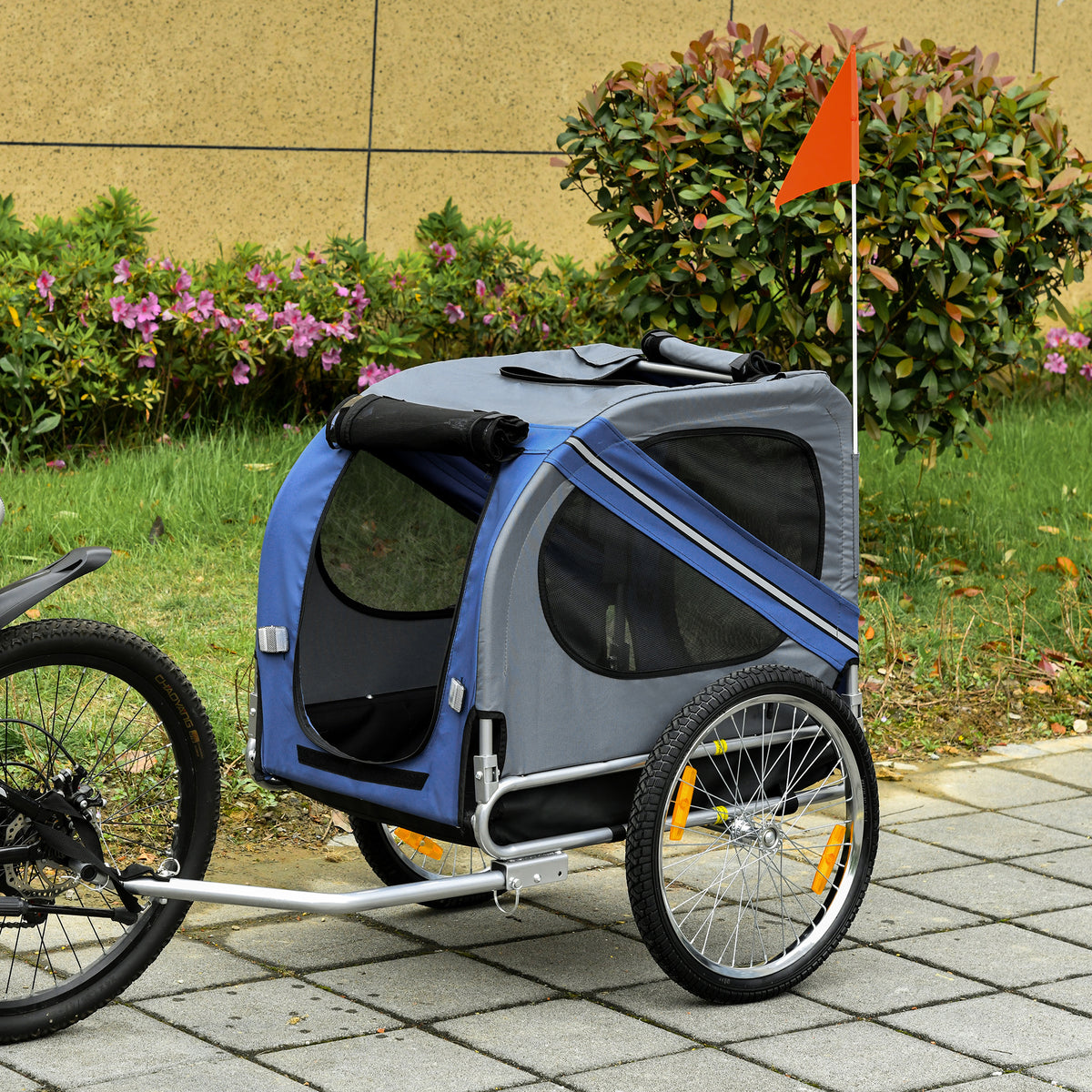 Bike Trailer Cargo Cart for Dogs and Pets with 3 Entrances Large Wheels for Off-Road & Mesh Screen, Blue/Gray