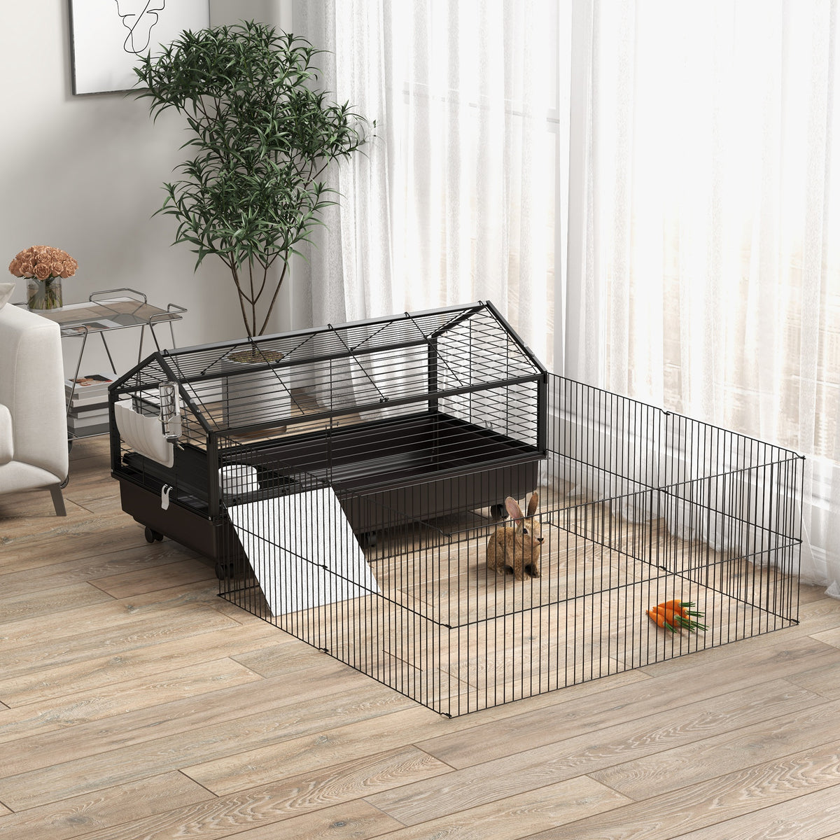 Small Animal Playpen Cage with Rolling Caster, Water Bottle 46.5"