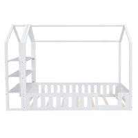Full Size Wood House Bed with Fence and Detachable Storage Shelves, White