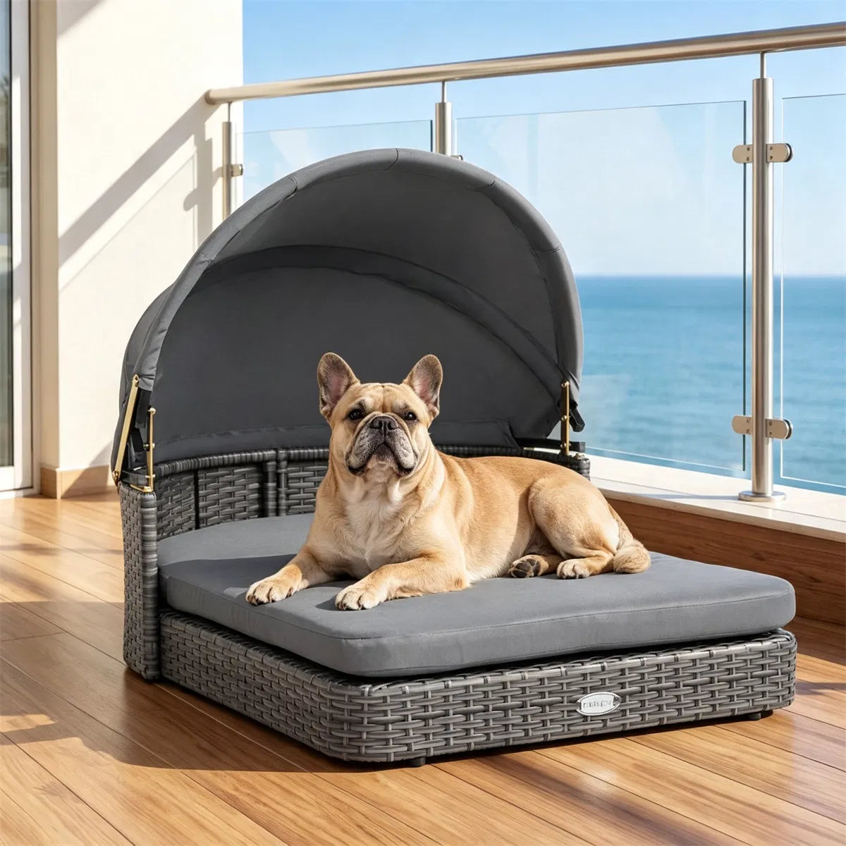 Gray Hand-Woven PE Rattan Dog Bed with Adjustable Canopy, Elevated Outdoor Pet Daybed with Washable Plush Cushion, Anti-
