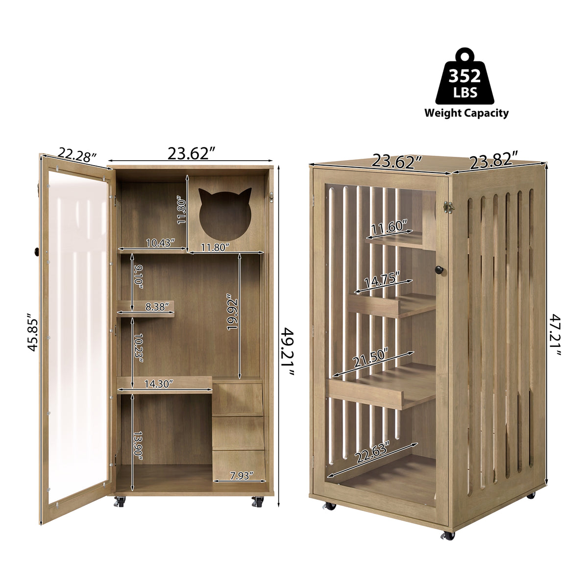 Basia Rubber Wood Cat Cabinet with Wheels, Ventilated Indoor Cat Condo with Multi-Level Shelves & Lockable Door, Safe & 