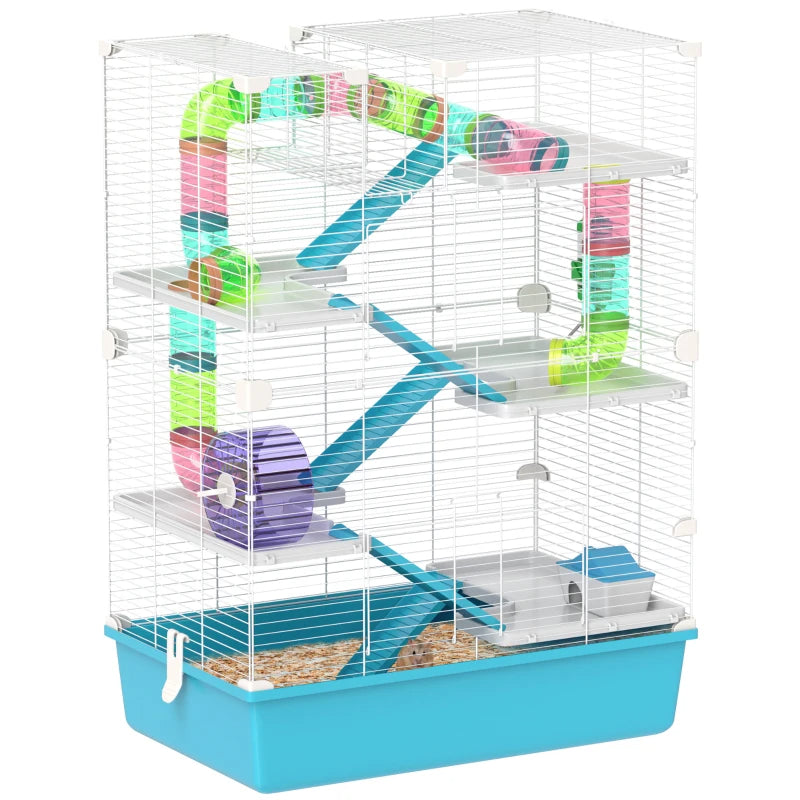 PawHut 6 Tier Hamster Cage With Tubes And Tunnels, Hut, Wheel, Food Dish, Water Bottle, Ramps, For Dwarf & Gerbil, Light