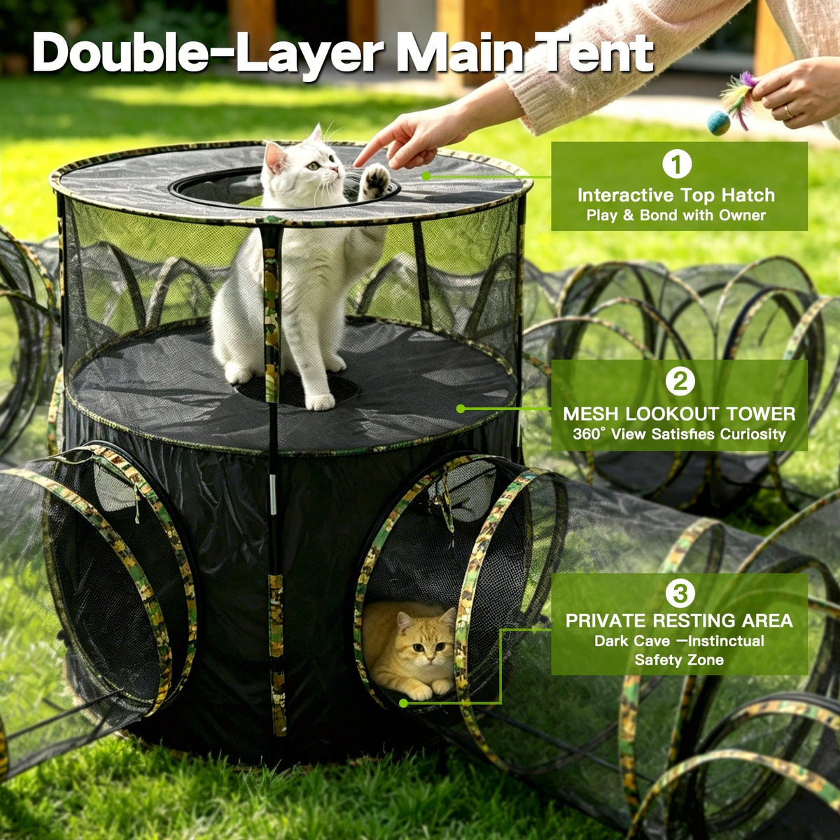 3 In1 Catio Outdoor Cat Enclosure, 2-Tier Cat Tents With Tunnels For Indoor Cats Pop Up Cube, Pet Tower Playpen With Tun