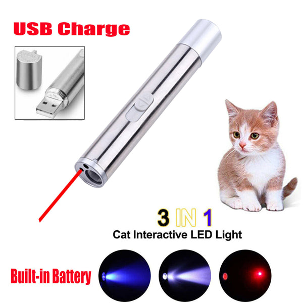 2PCS 3 in1 1mw USB Rechargeable Pet Toy Pen Flashlight Red laser Beam UV Light 3-Modes Lamp