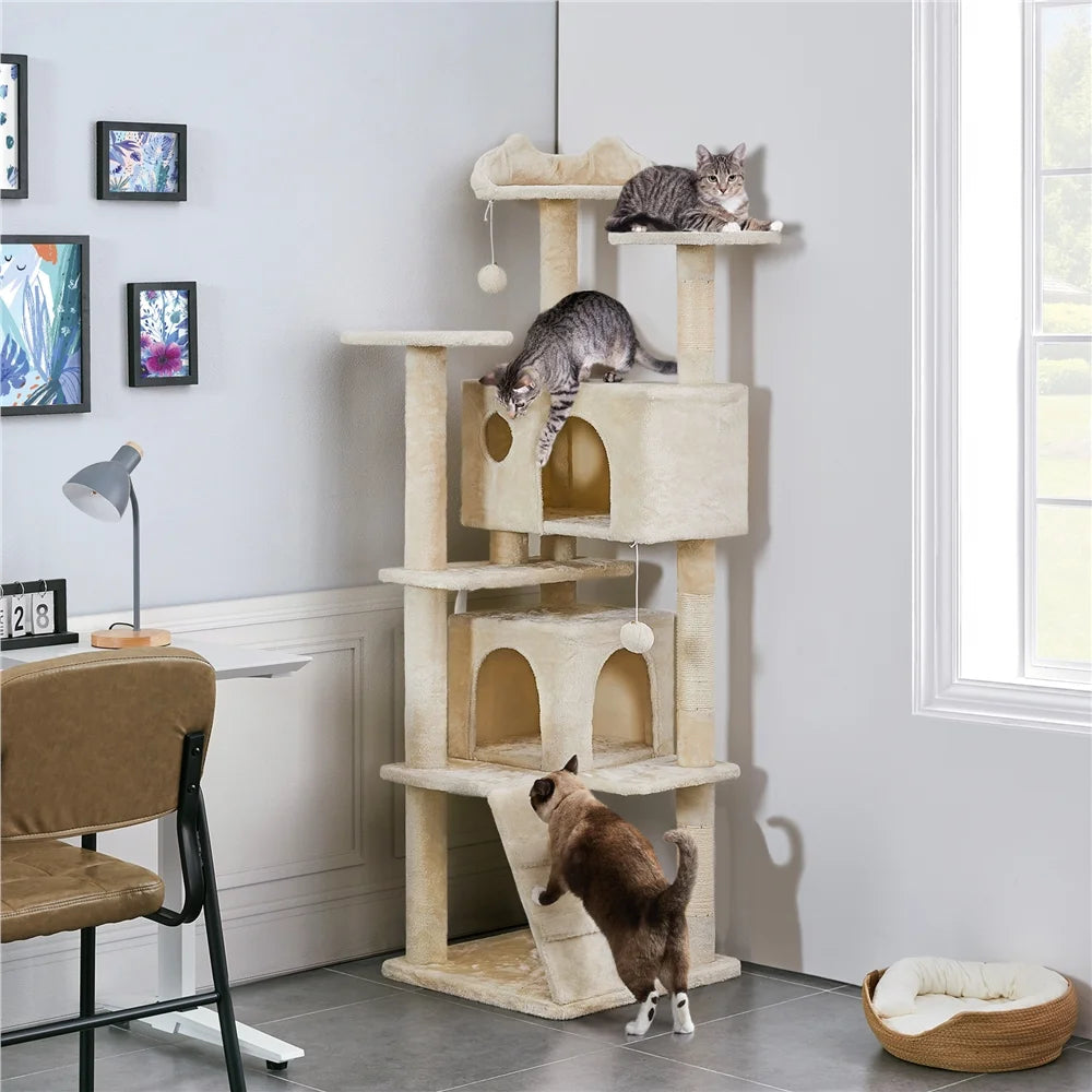 Ultimate 70" Double Condo Cat Tree with Scratching Posts - Creamy Comfort for Your Feline Friends! - BIG FRENCHIES