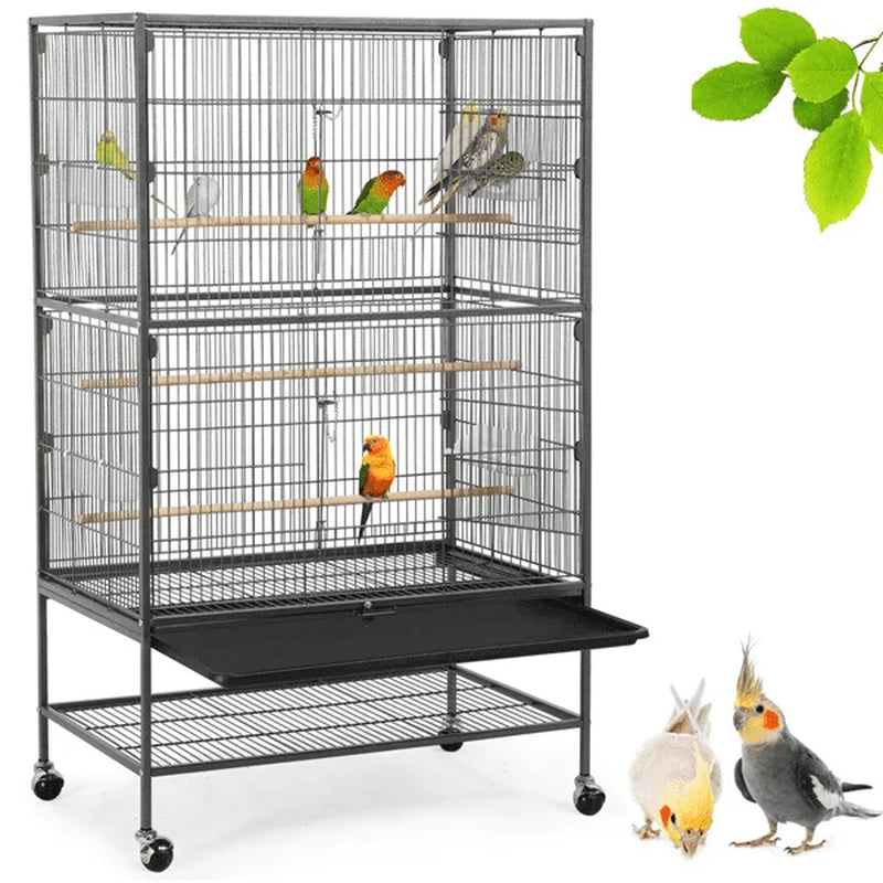 Metal 52-Inch Large Rolling Bird Cage with 3 Perches 4 Feeders - BIG FRENCHIES