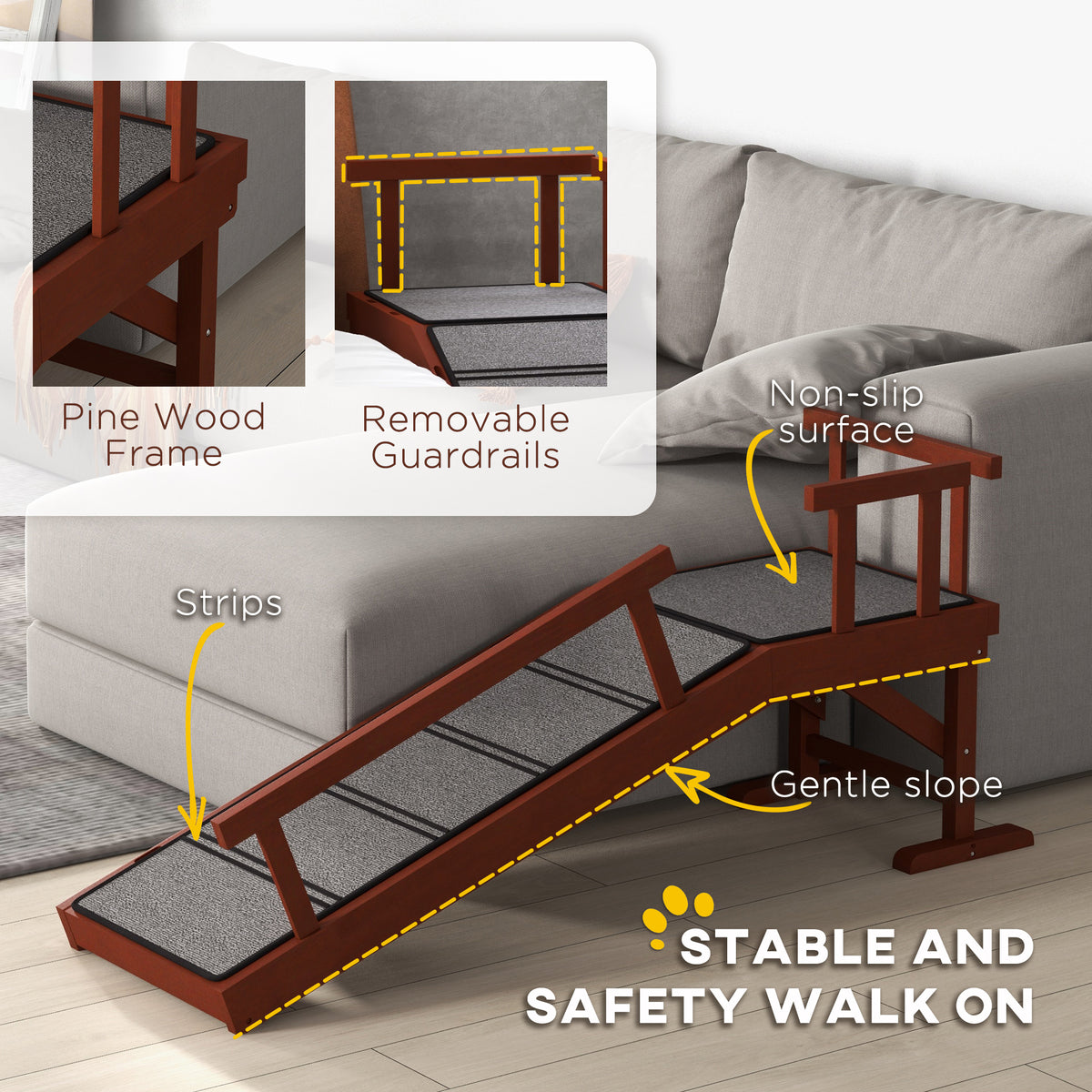 Wooden Dog Ramp with Removable Guardrails, Non-Slip Surface, 49" Long, Brown