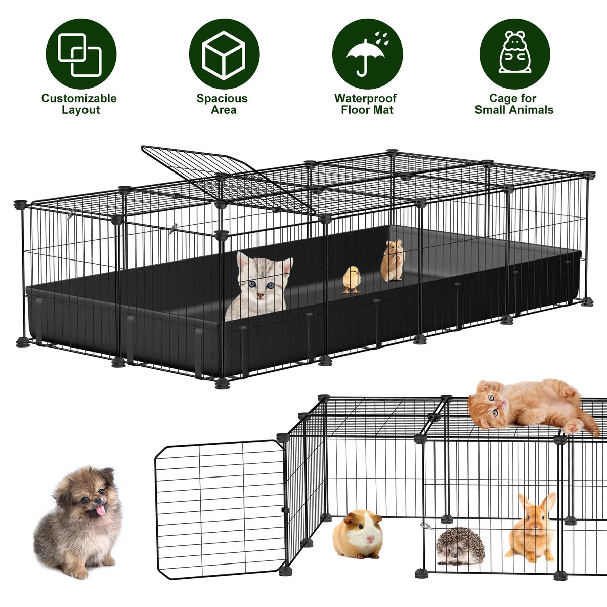 47x24x12" Guinea Pig Cage Small Animal Playpen DIY Metal Pet Enclosure with 20 Panels Waterproof Floor Mat for Hedgehogs