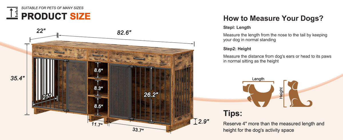 Large Wooden Dog Crate Furniture, Multi-Functional Pet Cage Cabinet with Storage