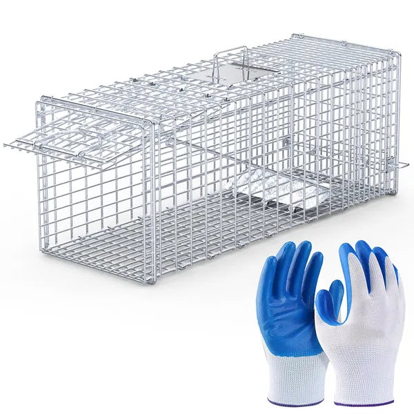 Live Animal Trap Cage 37x14x15in Folding Catch And Release Humane Cat Trap Galvanized Iron For Raccoons Foxes Coyotes St