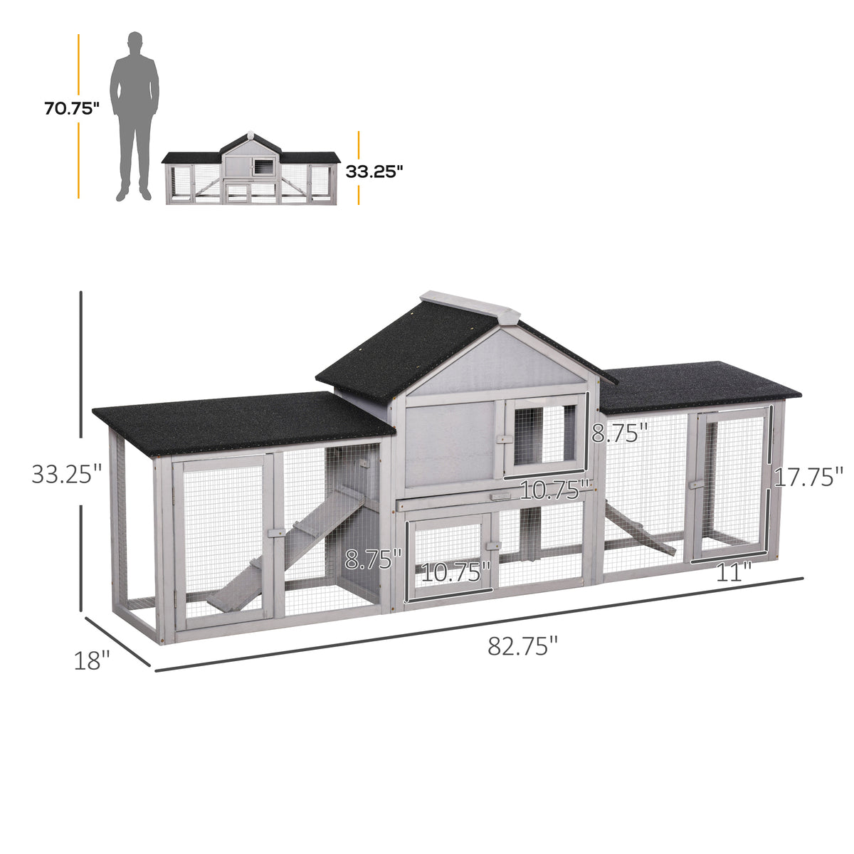 Outdoor Rabbit House 83" 2 Story Deluxe XL Wooden Rabbit Hutch Big Bunny Cage w/ Ladder and Run, Gray