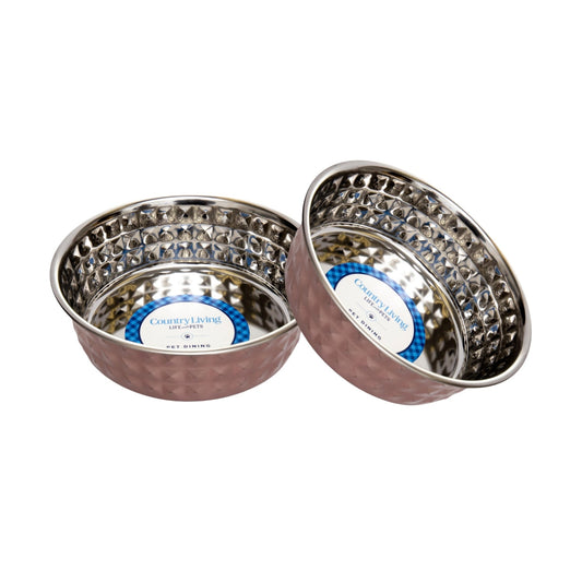 Country Living Set of 2 Hammered Stainless Steel Dog Bowls – Ideal for Extra Large Breeds – Rose Quartz/64oz - BIG FRENCHIES