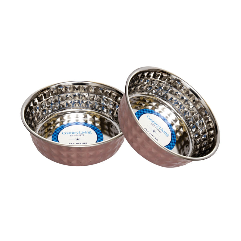 Country Living Set of 2 Hammered Stainless Steel Dog Bowls – Ideal for Extra Large Breeds – Rose Quartz/64oz - BIG FRENCHIES