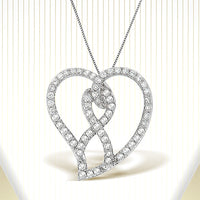14K White Gold 1.0 Cttw White Diamond Awareness Ribbon & Open Heart 18" Pendant Necklace (H-I Color, I1-I2 Clarity) - White Diamond Ribbon