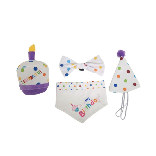 4-Piece Dog Birthday Kit – Celebrate in Style with Bandana, Hat, Bow Tie & Plush Toy - BIG FRENCHIES