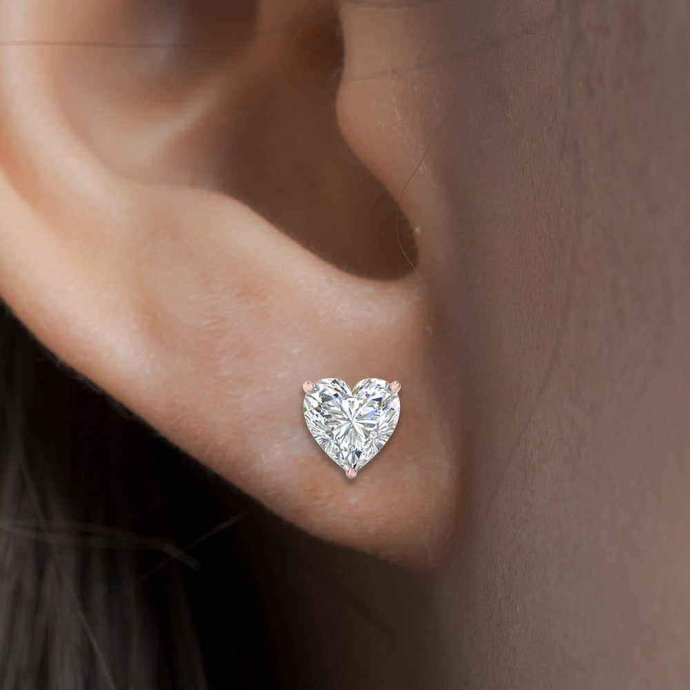 3 Prong Heart Shaped Diamond Solitaire Stud Earring in Basket Setting