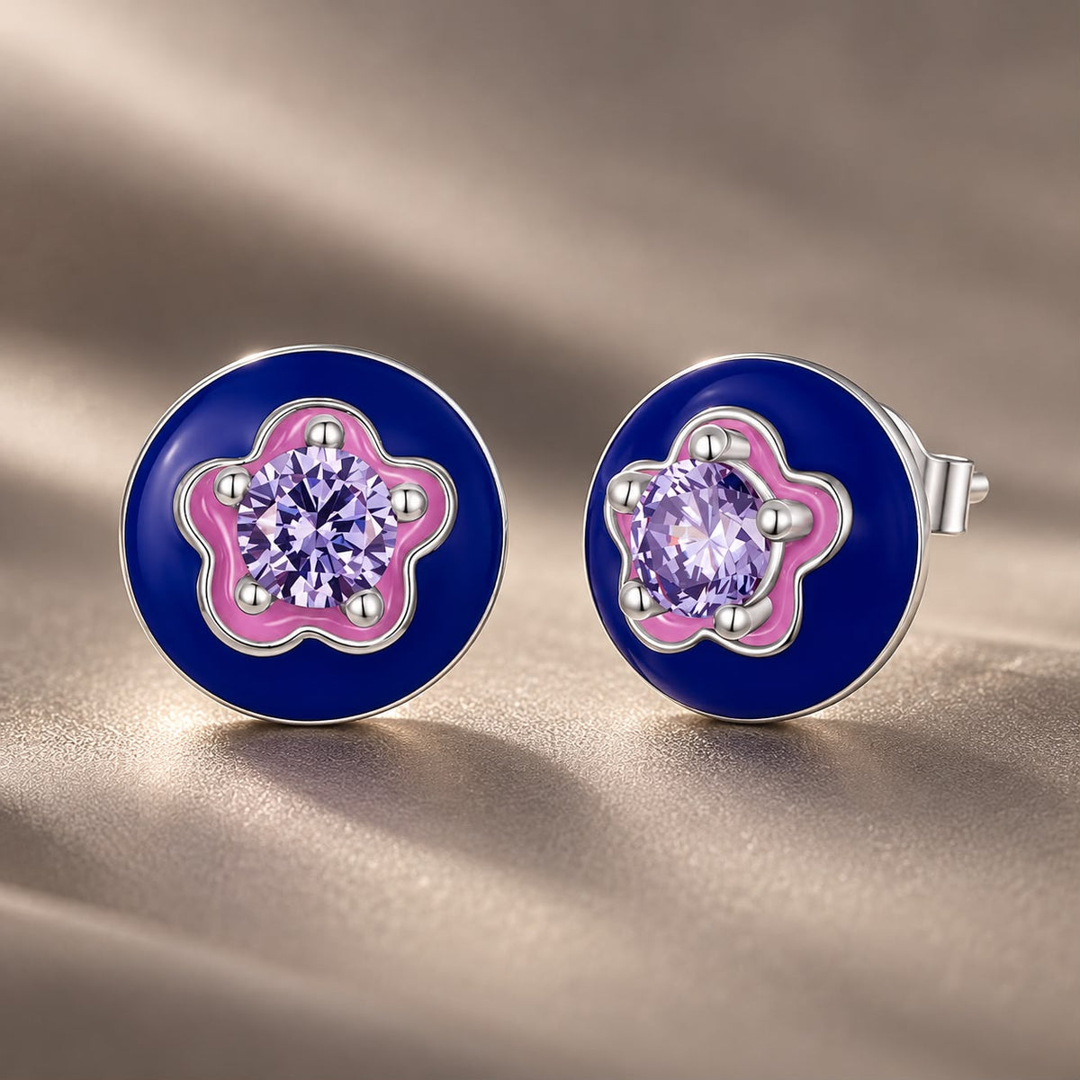 925 Sterling Silver White Gold Plated Enamel Pavé CZ 0.9x1.0cm Earrings for Women