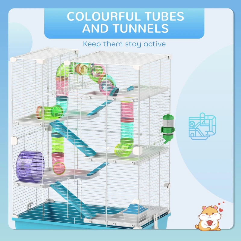 PawHut 6 Tier Hamster Cage With Tubes And Tunnels, Hut, Wheel, Food Dish, Water Bottle, Ramps, For Dwarf & Gerbil, Light