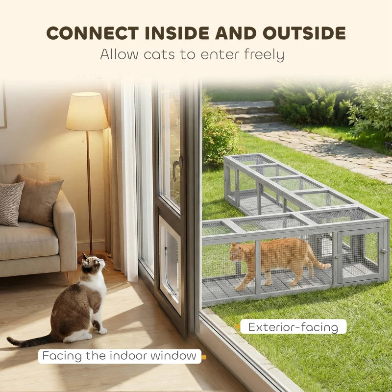 PawHut Wooden Cat Run With Weather Protection, Connecting Inside And Outside, Dark Gray