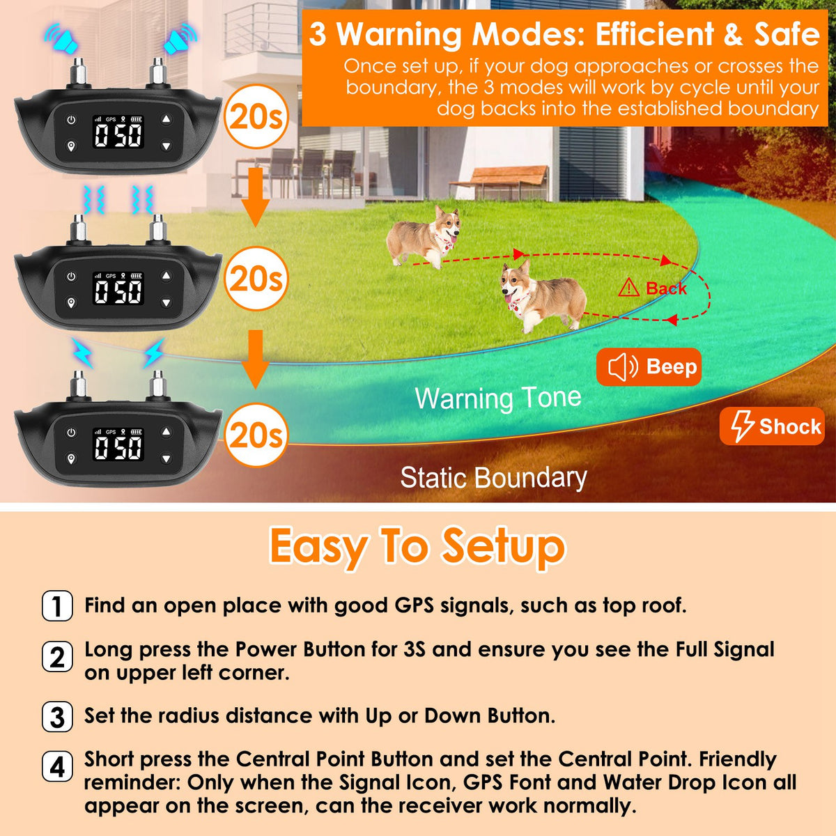 2 In 1 Dog GPS Fence Tracker Wireless GPS Dog Fence GPS Dog Collar With 32-2887FT Radius IPX6 Waterproof For Small Mediu