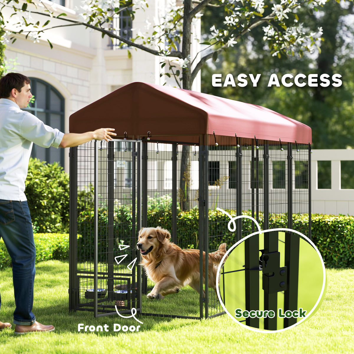 Outdoor Dog Kennel with Rotating Bowl Holders, Walk-in Pet Playpen with Waterproof Cover, 8 x 4 x 6, Red