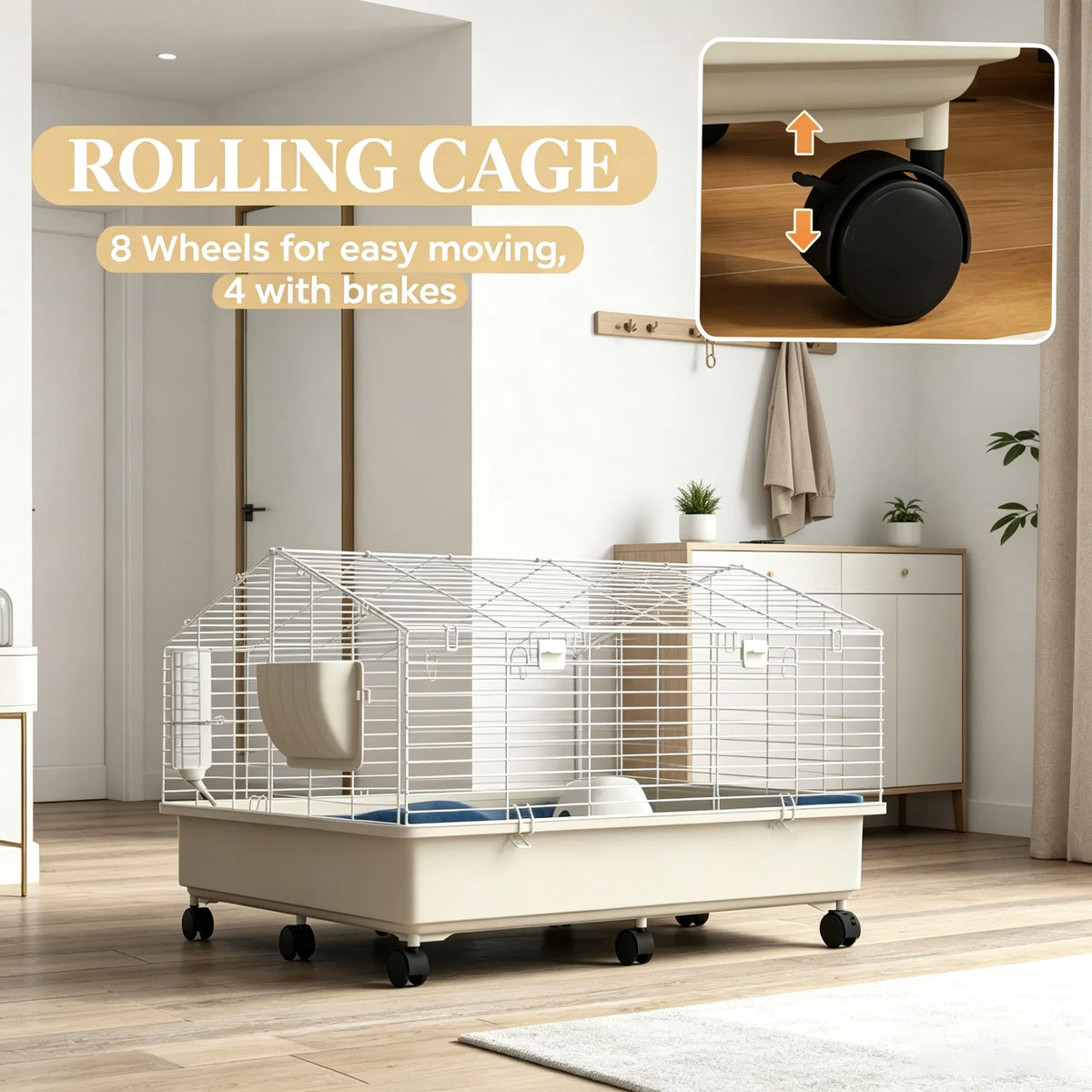 35"35"25" Rolling Small Animal Cage with Water Bottle Hay Feeder Food Dish for Rabbits Hedgehogs Guinea Pigs