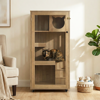 Basia Rubber Wood Cat Cabinet with Wheels, Ventilated Indoor Cat Condo with Multi-Level Shelves & Lockable Door, Safe & 