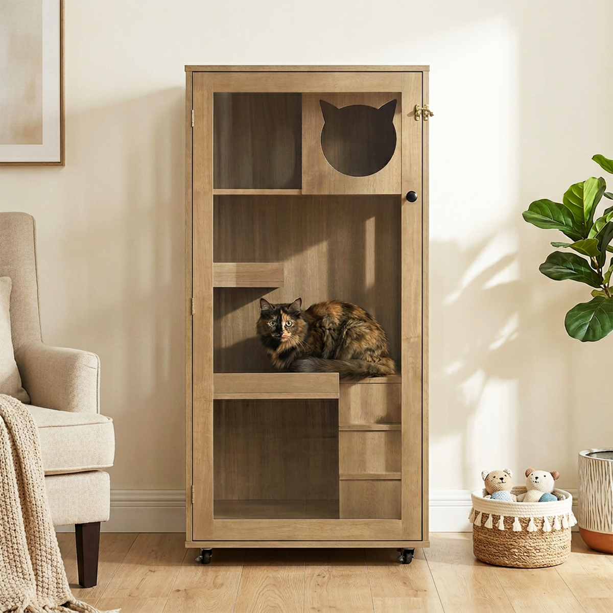 Basia Rubber Wood Cat Cabinet with Wheels, Ventilated Indoor Cat Condo with Multi-Level Shelves & Lockable Door, Safe & 