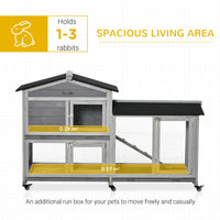 62" Wooden Mobile Rabbit Hutch with Wheels, Run Box, Slide-out Tray, Ramp