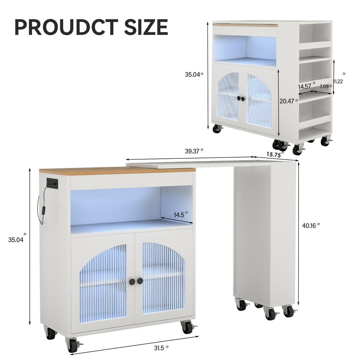 Kitchen Island On Wheels With Extended Table MDF Rolling Kitchen Storage Cart With LED Light Power Outlets 2 Fluted Glas