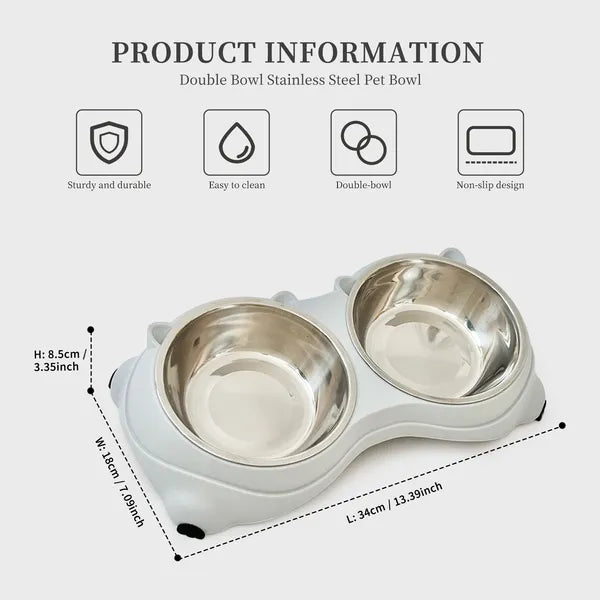 Anti Slip Base Double Cat Food Bowl, Gray Stainless Steel Food And Water Bowl, Easy To Clean And Detachable Design, Cat 