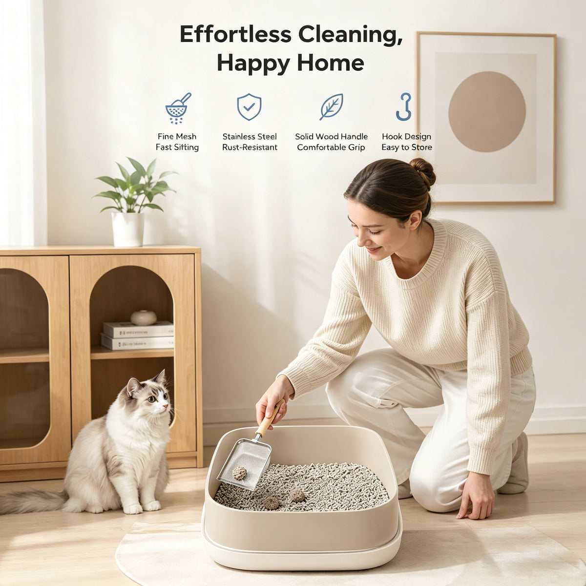 Stainless Steel Cat Litter Scoop With Fine Mesh Sifter, Durable Metal Litter Scooper With Ergonomic Wooden Handle, Heavy