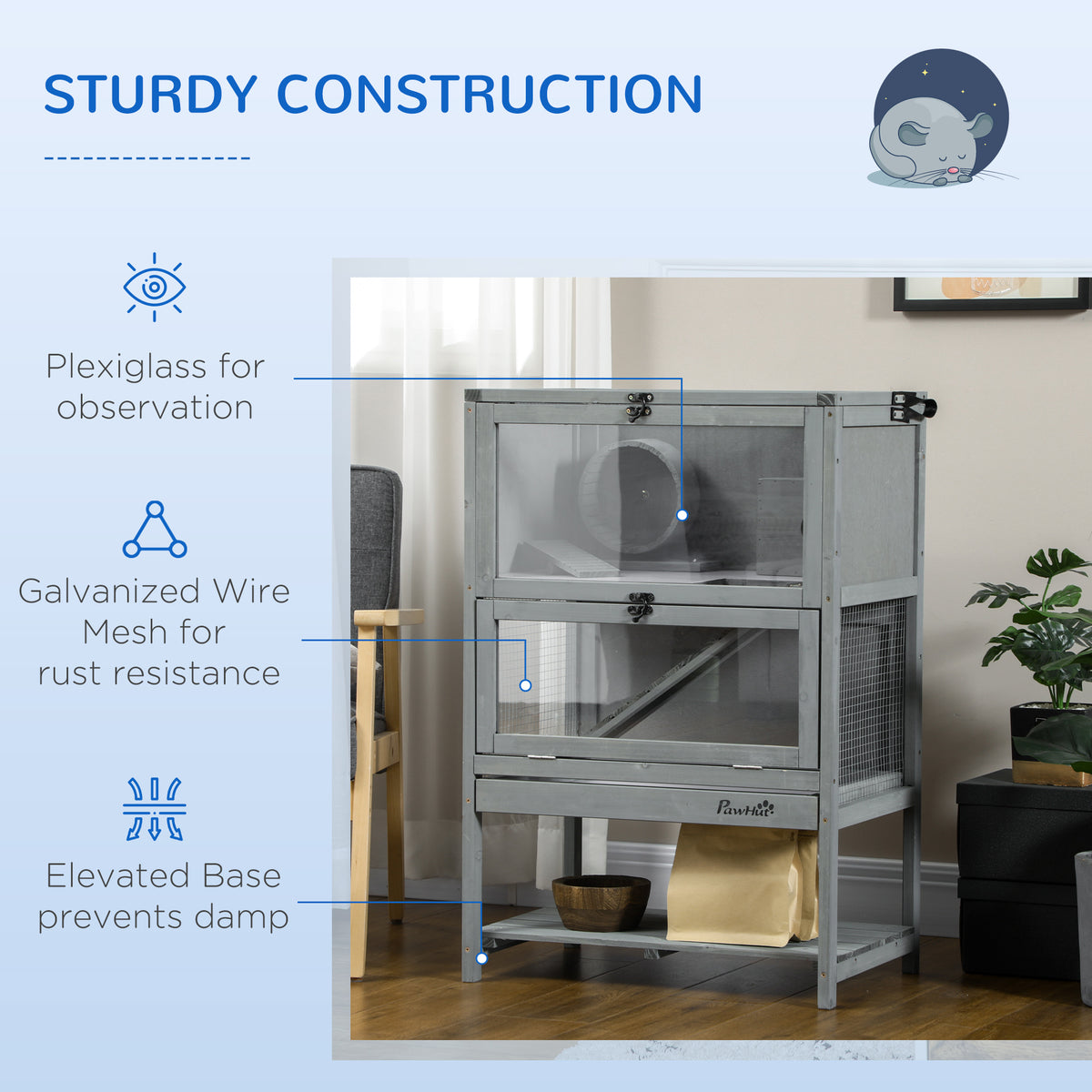 Wooden Hamster Cage with Storage Shelf, Large Rat Mouse Habitat Including Seesaw, Small Animal Cage with Sliding Tray, W