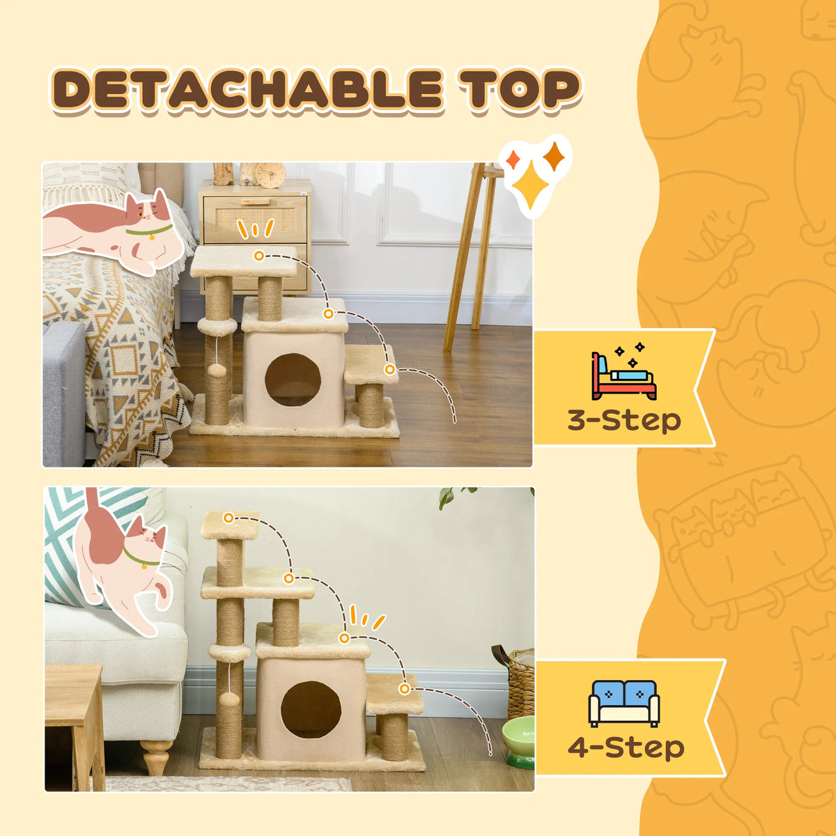 Cat Stairs Pet Steps for Couch Bed with Scratching Posts Condo Ball Toy, 23.6" x 15.7" x 26", Beige