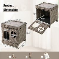 2-Tier Wicker Cat Condo With Litter Mat - Hidden Litter Box Enclosure, Detachable Washable Cushion, Gray Rattan