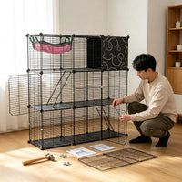 3-Level Metal Cat Cage Enclosure, Modular Pet Habitat with 3 Doors, 2 Ladders, Plush Hammock and Toy Ball for Small Indo