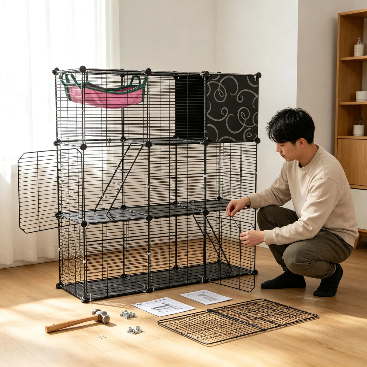 3-Level Metal Cat Cage Enclosure, Modular Pet Habitat with 3 Doors, 2 Ladders, Plush Hammock and Toy Ball for Small Indo