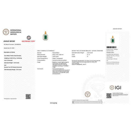 IGI Certified 2.37 Carat Genuine Zambian Emerald and White Diamond 14K Yellow & White Gold Pendant