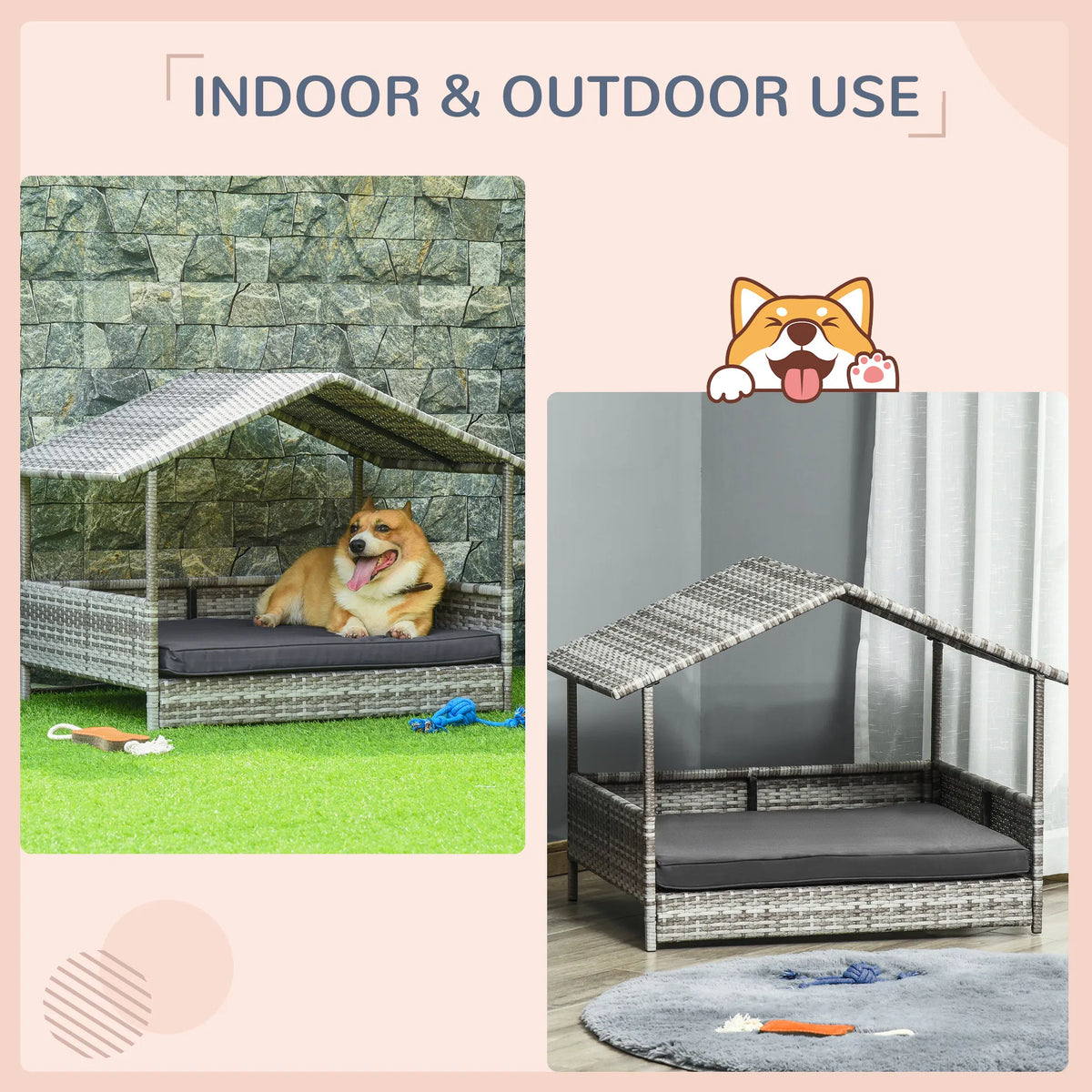 Wicker Pet House Dog Bed for Indoor/Outdoor Rattan Furniture with Cushion