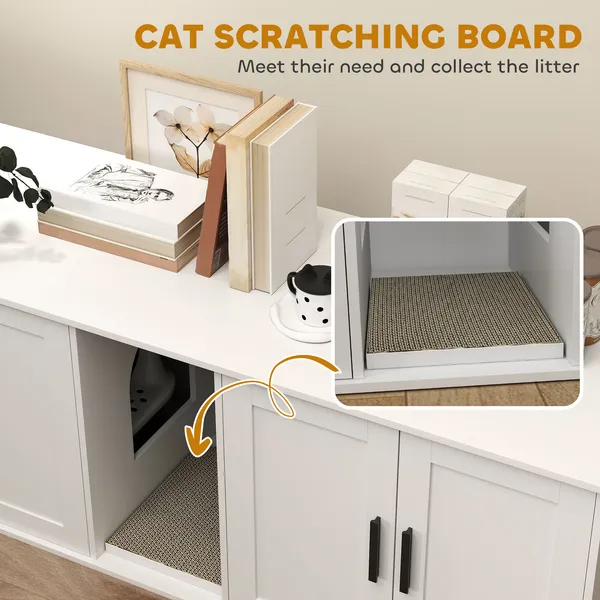 Cat Litter Box Enclosure With Double Room, Scratching Mat For 2 Cats
