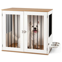Furniture Style Dog Crate with 360° Rotating Feeder & 304 Stainless Steel Bowls, Double Locking Indoor Dog Kennel