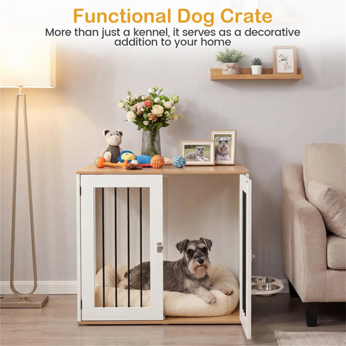 Furniture Style Dog Crate with 360° Rotating Feeder & 304 Stainless Steel Bowls, Double Locking Indoor Dog Kennel