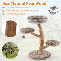 4-Level Natural Pear Wood Cat Tree - 19.5"x35.5", Jute Scratch Posts + Plush Ball, Long Plush
