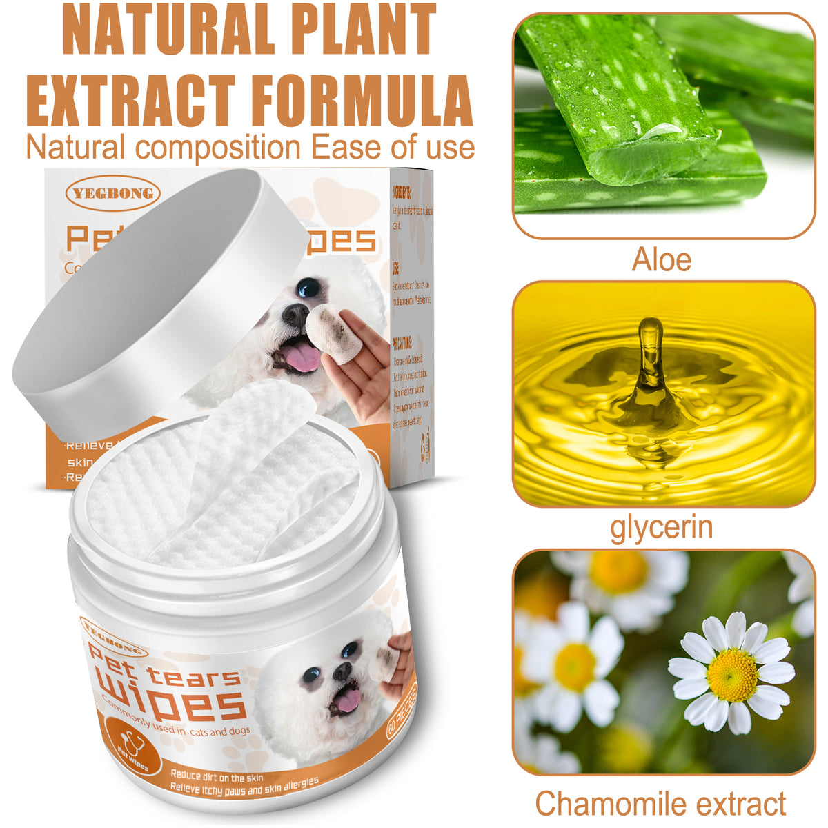 Pet Tear Stain Wipes For Dogs & Cats, Natural Aloe & Chamomile Extract Gentle Eye Cleaning Wipes, Hypoallergenic Non-Irr